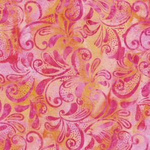 image of pink and yellow fabric printed with a pattern of abstract pink paisley leaves and swirls