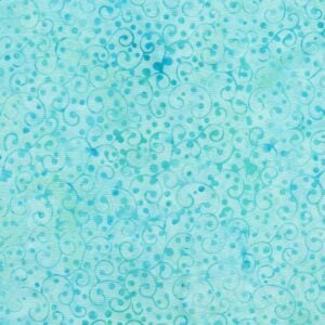 an image of a teal and aqua fabric with a pattern of dots and swirls