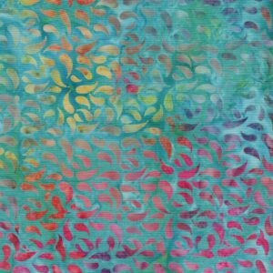an image of aqua blue fabric with a pattern of tossed petals in multiple colors