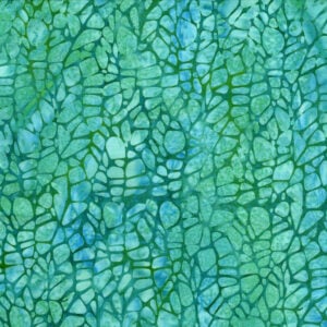 image of aqua, green, and teal fabric printed with an abstract pattern of small irregular shapes or striations