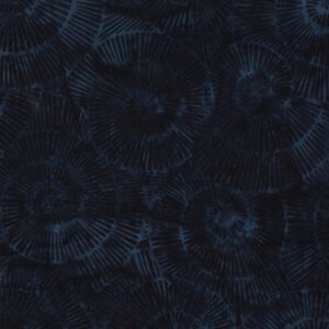 image of dark blue and navy batik fabric printed with large shell-like spirals