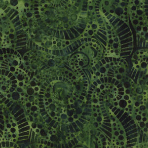 image of green fabric printed with a pattern curving spiral tendrils