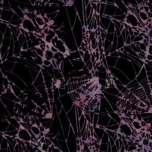 an image of black fabric with a pattern of purple spider webs and spiders