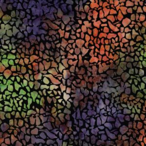 an image of black fabric with a pattern of lighter purple, green, and orange small irregular shapes placed closely together