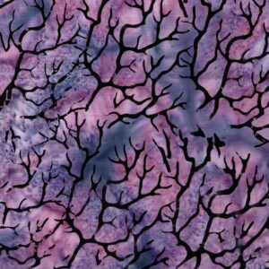 an image of purple and blue fabric with a pattern of black branches