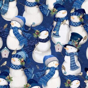 an image of blue fabric with white snowmen in blue and gray hats and scarves