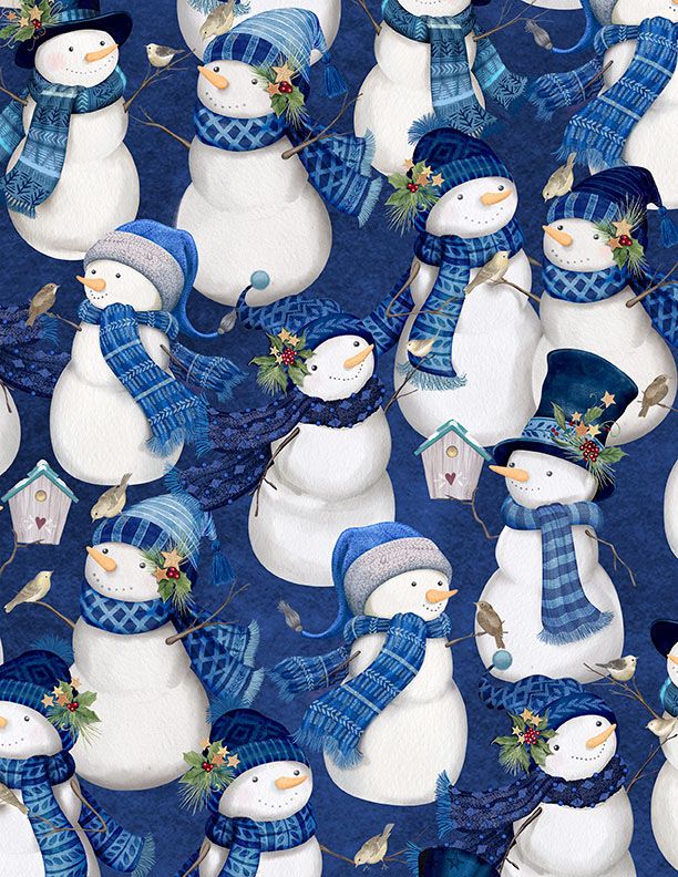 an image of blue fabric with white snowmen in blue and gray hats and scarves