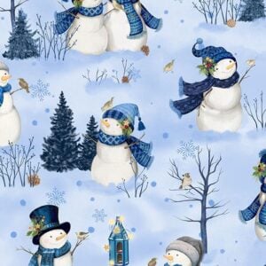 an image of light blue fabric with white snowmen in blue and gray hats and scarves who are standing next to small trees