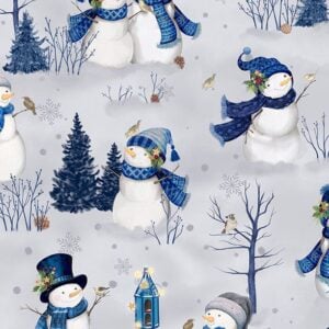 an image of gray fabric with white snowmen in blue and white hats and scarves who are standing next to small trees