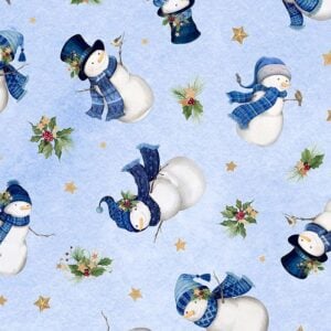 an image of light blue fabric with a pattern of tossed holly sprigs and white snowmen in blue hats and scarves