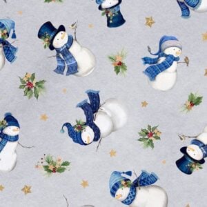 an image of gray fabric with tossed holly sprigs and white snowmen in blue hats and scarves