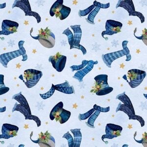 an image of light blue fabric with a pattern of tossed blue and gray hats, scarves, and gold stars