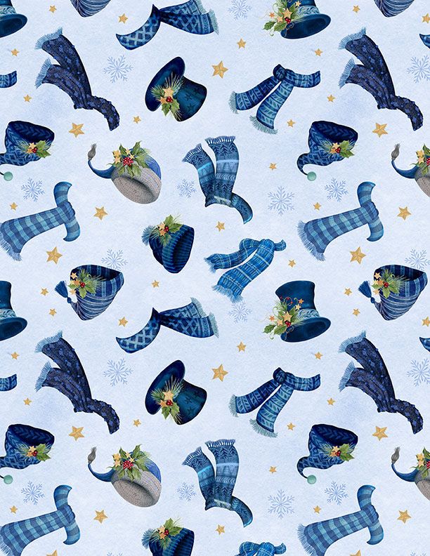 an image of light blue fabric with a pattern of tossed blue and gray hats, scarves, and gold stars