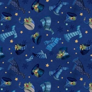 an image of dark blue fabric with a pattern of tossed blue and gray hats and scarves and gold stars