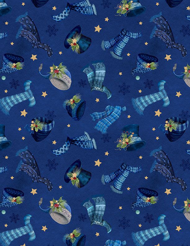an image of dark blue fabric with a pattern of tossed blue and gray hats and scarves and gold stars
