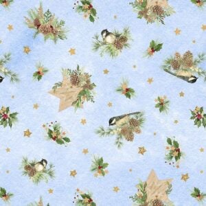 an image of light blue fabric with a pattern of tossed holly sprigs, chickadees, and gold stars