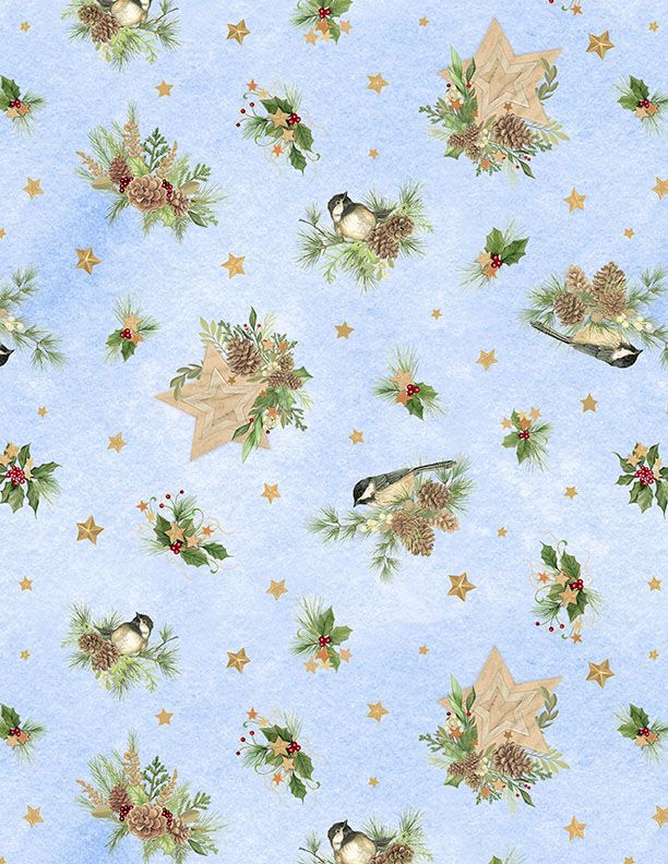 an image of light blue fabric with a pattern of tossed holly sprigs, chickadees, and gold stars