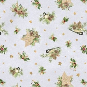 an image of gray fabric with a pattern of tossed holly sprigs, chickadees, and gold stars