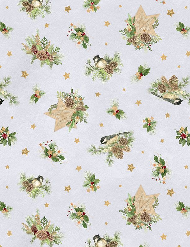 an image of gray fabric with a pattern of tossed holly sprigs, chickadees, and gold stars