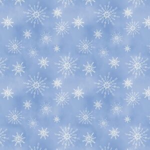 an image of light blue fabrics with a pattern of tossed white snowflakes