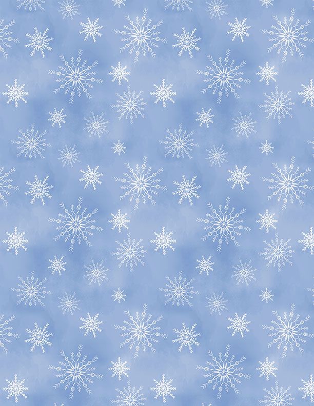 an image of light blue fabrics with a pattern of tossed white snowflakes