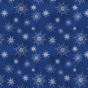 an image of dark blue fabrics with a pattern of tossed white snowflakes