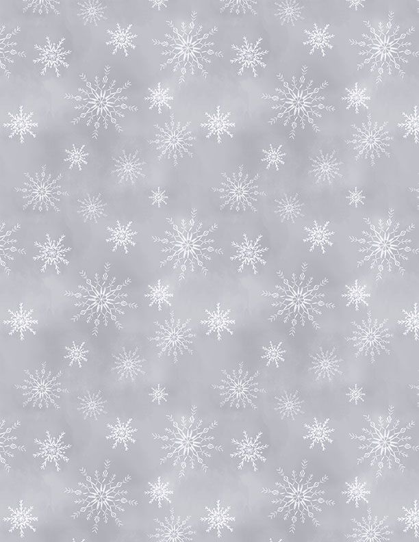 an image of gray fabric with a pattern of tossed white snowflakes