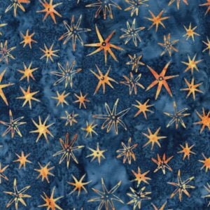 an image of blue batik fabric with a pattern of scattered sea star outlines in orange
