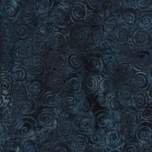 an image of dark blue-gray batik fabric with a pattern of scattered blue spirals
