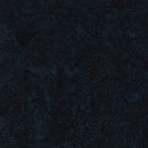 an image of dark blue-black batik fabric with a pattern of scattered seaweed and leaf shapes