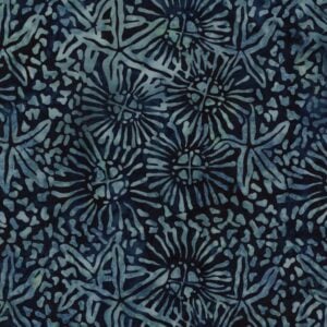an image of dark navy blue batik fabric with a pattern of scattered starfish outlines in blue-gray