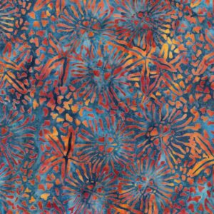 an image of blue batik fabric with a pattern of scattered starfish outlines in orange and yellow
