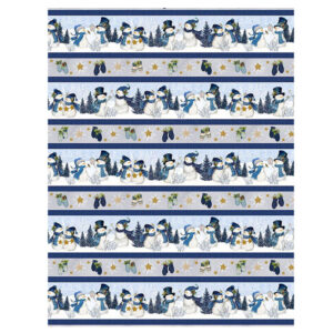 an image of blue, white, and gray fabric with a striped design of snowmen