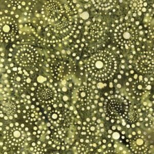 an image of olive green fabric with a pattern of swirls of cream colored dots.