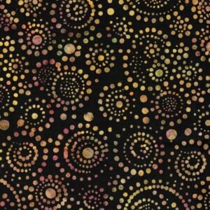an image of black fabric with a swirling pattern of gold dots in circles