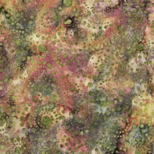 an image of green, gold, and magenta fabric with a pattern of swirls of green dots.
