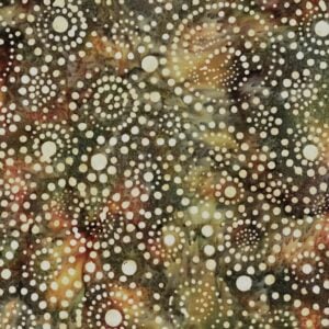 an image of green, gold, and magenta fabric with a pattern of swirls of cream dots.