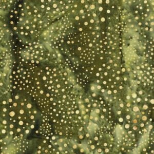 an image of olive green fabric with a pattern of swirls of cream colored dots.