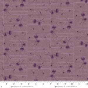 an image of dusty purple fabric printed with columns of small print dictionary entries and tossed small thistles