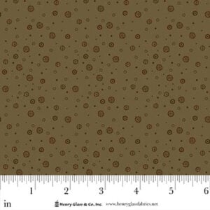 an image of olive green fabric with an all-over print of small darker dots and circles