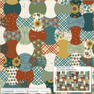 an image of multicolored fabric with a pattern of tessellated apple core geometric shapes