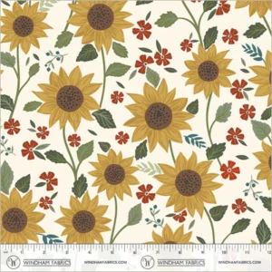 an image of off-white fabric with a pattern of yellow sunflowers, green leaves, and small red flowers
