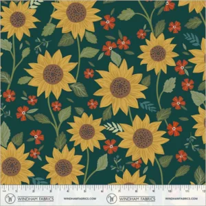 an image of green fabric with a pattern of yellow sunflowers, green leaves, and small red flowers