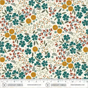 an image of off-white fabric with a pattern of small yellow, blue and red flowers