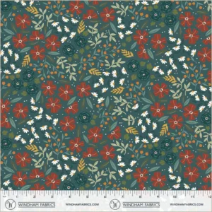 an image of blue-green fabric with a pattern of small yellow, blue and red flowers