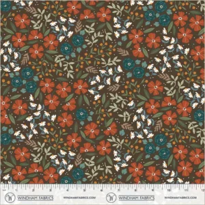 an image of brown fabric with a pattern of small yellow, blue and red flowers