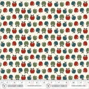 an image of off-white fabric with a pattern of rows of small blue, green, and red apples