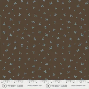 an image of brown fabric with a pattern of tossed small blue leaves