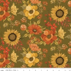 an image of olive green fabric with a pattern of tossed sunflowers, poppies, and other flowers