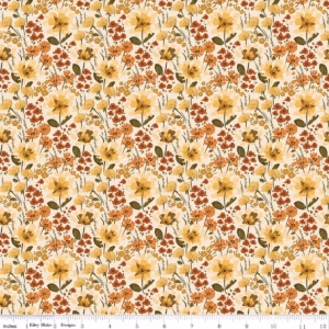 an image of cream fabric with a pattern of tossed small gold, orange, and red flowers